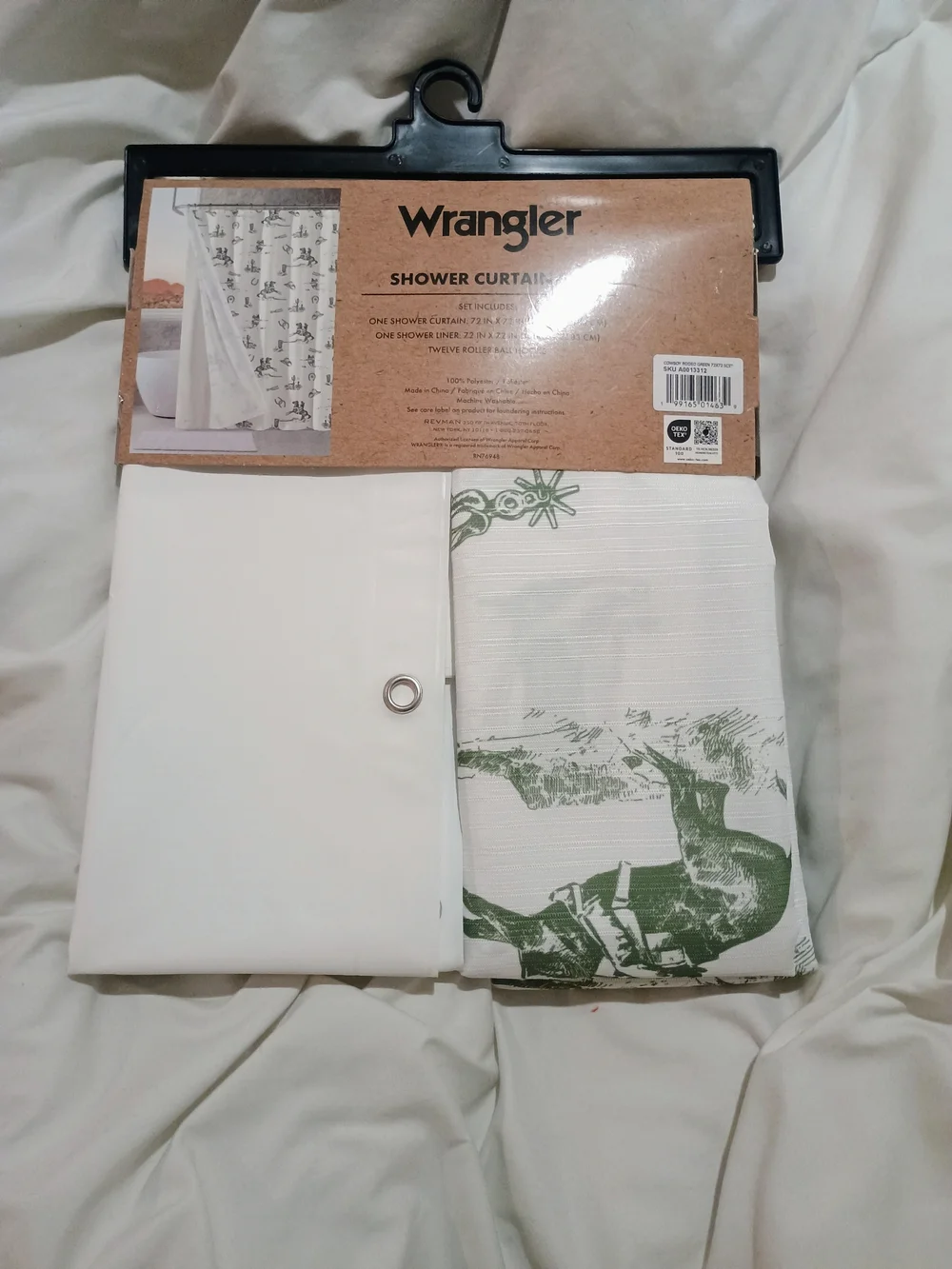 New Wrangler Horse & Cowboy Green & White Shower Curtain & Liner Set 72x72